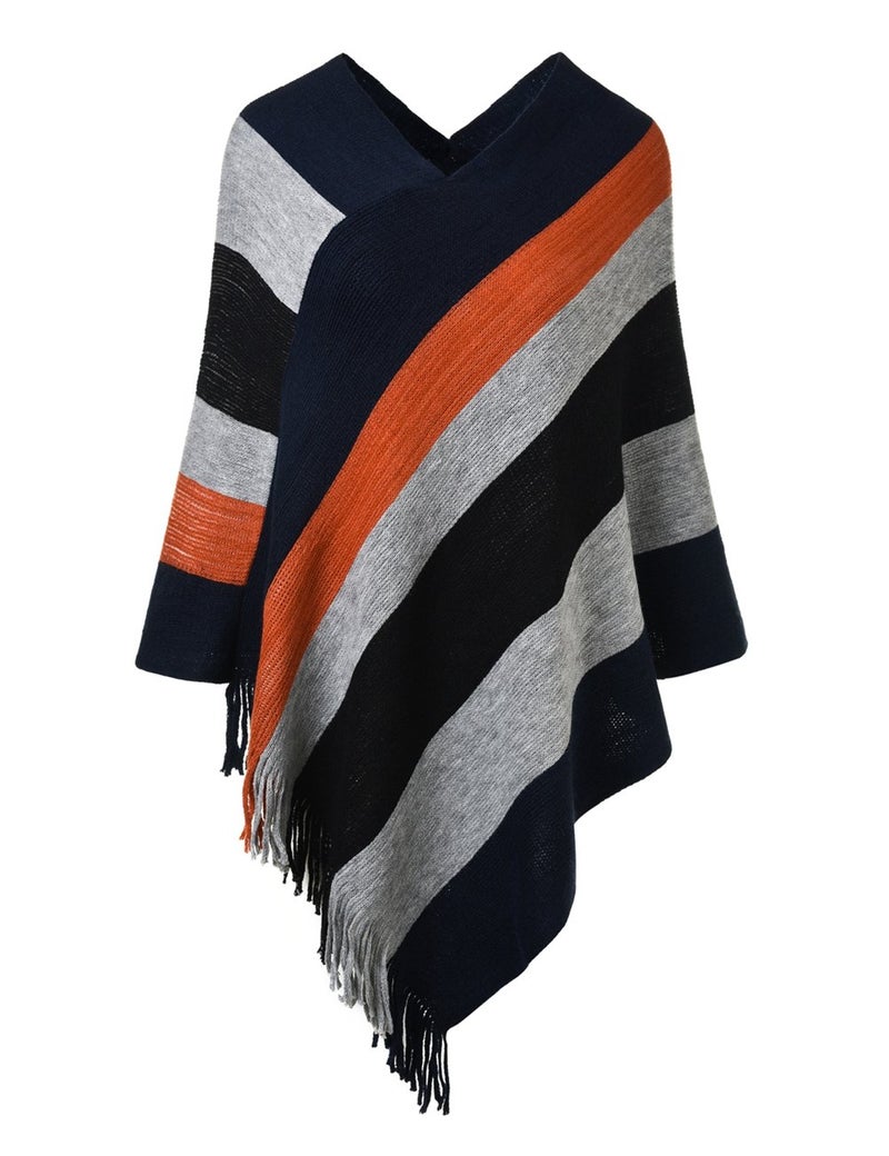 Ferand Women's Striped Poncho Sweater Cozy Knit Fringe Shawl Wraps for Fall Winter - Image 1